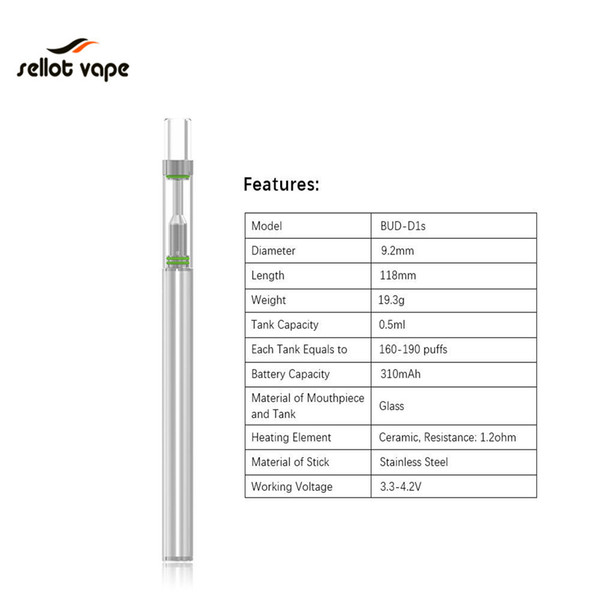 Disposable Vaporizer Pen BUD D1 D1s 0.5ML Glass Vape Pen Ceramic coil disposable vape Tank Rechargeable E Cig