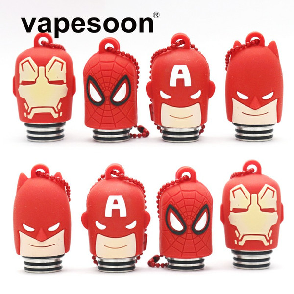 810 Thread Resin Drip Tips with Batman Iron Man Spiderman Dustproof Plastic Silicone Cap Drip Tip for E Cigs Atomizers Fast Shipping