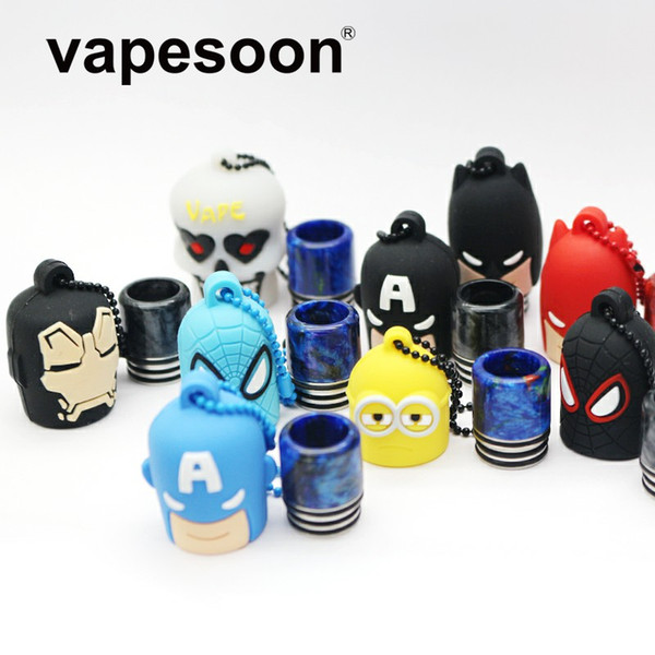 810 Thread Resin Drip Tips with Batman Iron Man Spiderman Dustproof Plastic Silicone Cap Drip Tip for E Cigs Atomizers RTA RDA Fast Shipping