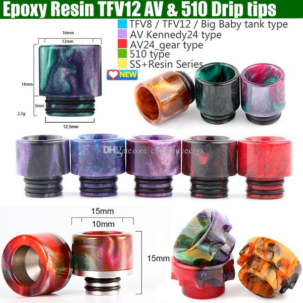 Top Epoxy Resin SS drip tips Colorful Wide Bore 510 dripper tip Mouthpiece for TFV8 TFV12 Big Baby Tank Kennedy AV24 RBA atomizer Package