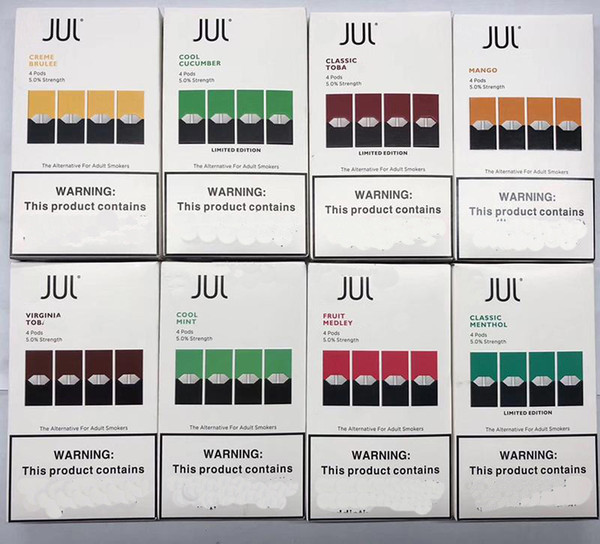 2019 No leak mango Cucumber JUUL Pods 8 flavors for juul pen device mint fruit Portable vape pen 4pcs pack refillable pod cartridge