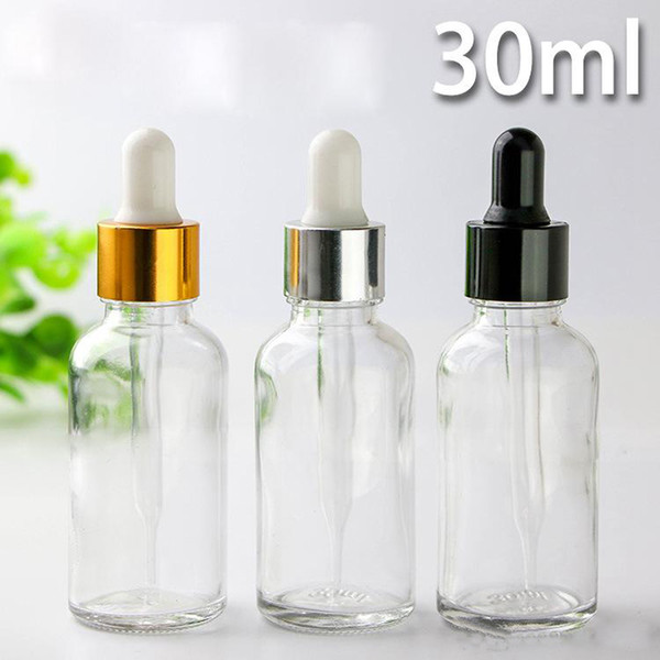 Wholesale 30ml Essential Oil Glass Bottles 1OZ Clear Glass Dropper Bottles With Gold Black Silver Caps For Eliquid E-juice