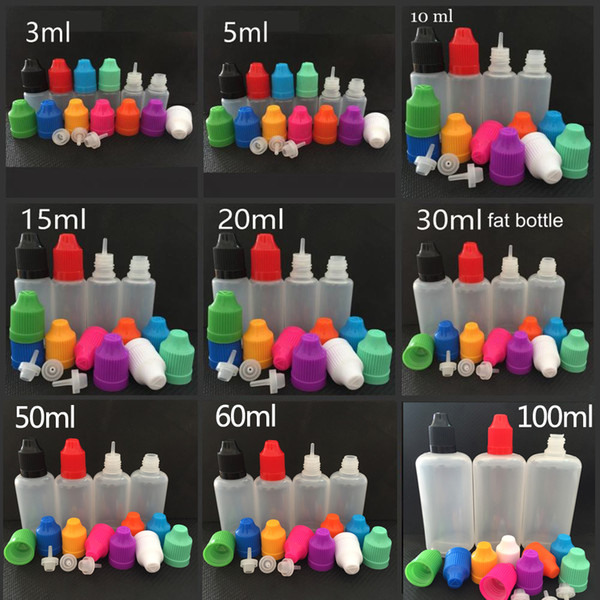 E Liquid Bottles 3ml 5ml 10ml 15ml 20ml 30ml 50ml 60ml 100ML Dropper LDPE Childproof Caps Thin Needle Tips For Juice Vape Oil