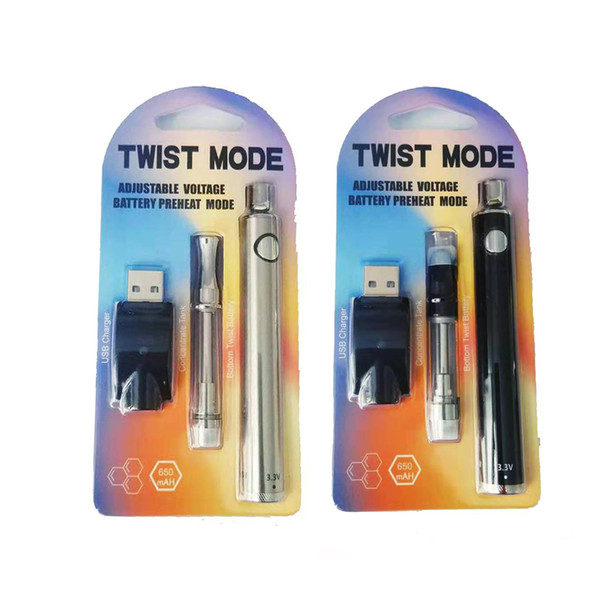 Twist Mode VV Preheat Battery starter Kit Adjustable Voltage 510 Thread Vape pen 650mah with 92A3 th210 1.0ml Glass Cartridge