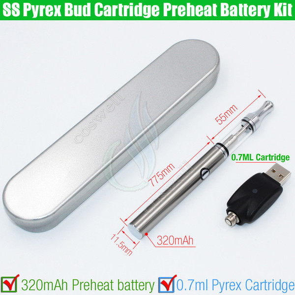 New 510 Pre Heat o Pen Cartridges Vaporizer kit 320mAh BUD Touch 0.7ml Pyres SS CE3 Tank Thick oil atomizers Metal Box kits Wax Vape DHL