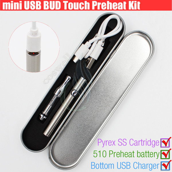 Top 510 Pre Heat o Pen Bottom micro USB charger Metal Box kits BUD Pyres SS CE3 cartridges Thick oil atomizer vaporizer Wax Vape vapors DHL