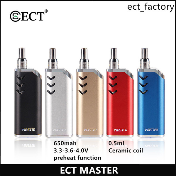 100% Original ECT Master Electronic Cigarette Vape Pen Vaporizer 650mah preheat Battery ceramics coil Atomizer Starter Kit