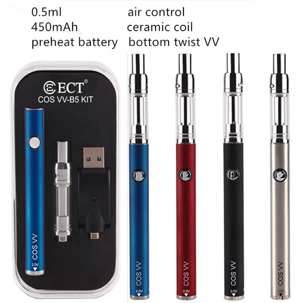 Original e cigarette ECT COS VV match B5 Kit 450mAh bottom twist VV preheating battery with 0.5ml ceramic coil cartridge preheat vape