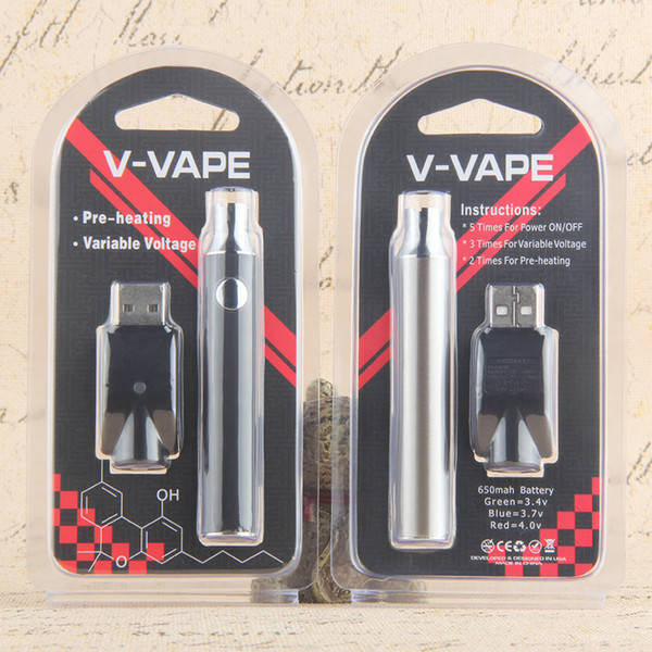 V-VAPE LO Preheat VV Battery Blister Kit 650mAh Variable Voltage Adjustable With USB Charger For 510 Wax Thick Oil Heating Cartridge