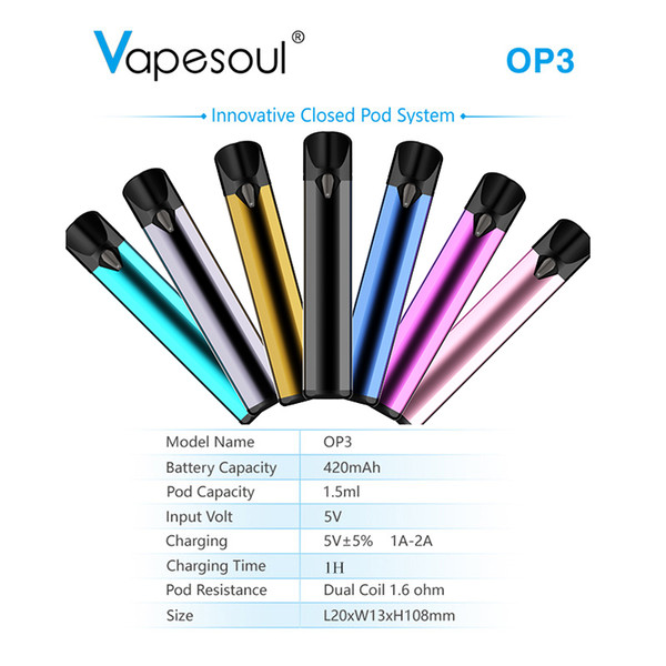 E-Cigarette Pod Starter Kit Vape Pen Vapesoul OP3 Vaporizer Empty Pod Cartridge For Regular Oil 1.6ohm Dual Coil 420mah Battery USB Cable