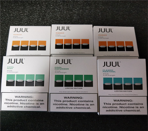 BEST SELL DHL FREE JUUL Pods 8 flavors mango Mint Fruit cool cucumber creme for JUUL vaporizer vape pen kit 4 pods refillable cartridge