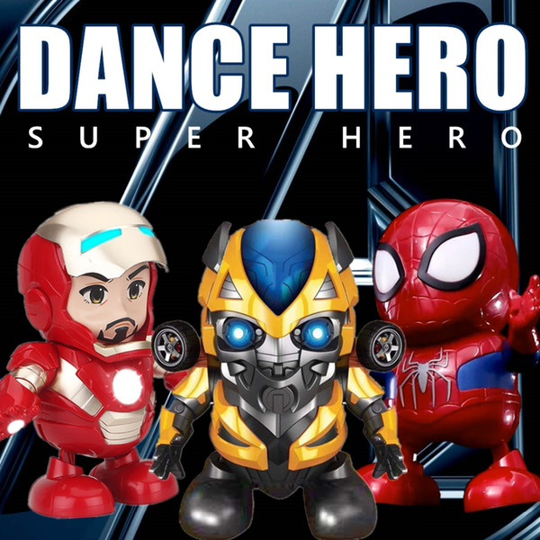 Dance Spider Man Avengers Bumblebee iron man action figure toy LED flashlight with light sound music Robot hero electronic toy