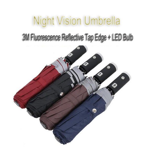 LED Flashlight Fluorescent Reflective Umbrella Automatic Open and Close Night Vision Umbrella Light Your Road in Dark