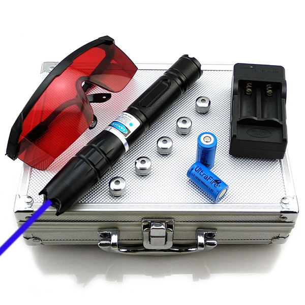 SDLasers BQ2-1500 Adjustable Focus 450nm Blue Laser Pointer With 2*16340 Batteries & 5*Star Cap & Charger & Goggles and Aluminium Box