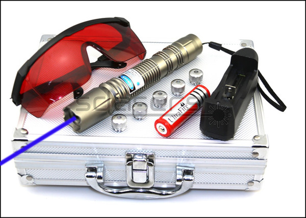 SDLasers BQ3-1500 Adjustable Focus 450nm Blue Laser Pointer With 2*16340 Batteries & 5*Star Cap & Charger & Goggles and Aluminium Box