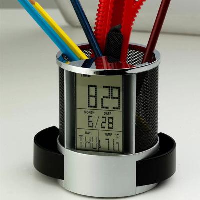 Mesh Pen Pencil Holder with Digital LCD Office Desk ALarm Clock Time Date Temp Christmas child gifts office supplies