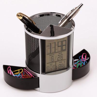 Mesh Pen Pencil Holder with Digital LCD Office Desk ALarm Clock Electronics Time Date Temp Christmas child gifts office supplies