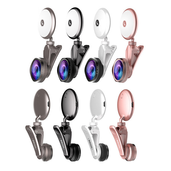 RK19S LED Selfie Flash Light Fish Eye Lens 3 In 1 Universal Clip Camera Mobile Phone Lens FishEye Macro Wide Angle