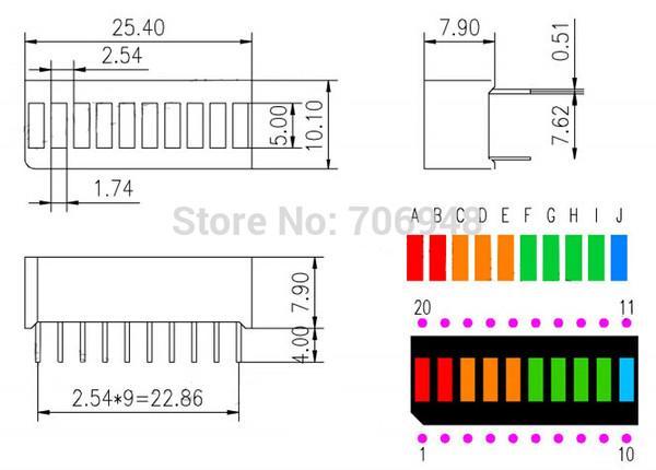 20pcs/lot 10 grid digital segment LED light bar 10 flat tube of super bright 2 red+3 yellow+4 green+1 blue light flat tube