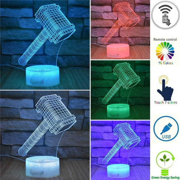 Superhero Thor Mjolnir USB 3D Illusion Night Light Room Decoration Acrylic Colorful Led Table Lamp Home Decor Creative Gifts