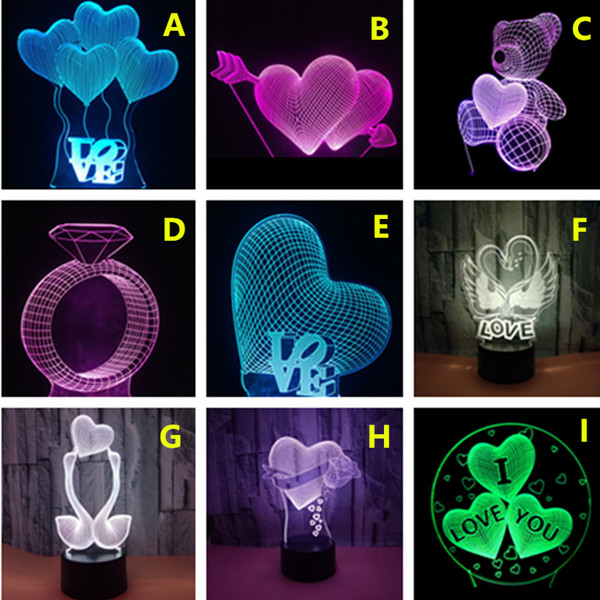 Love Gift 3D LED Lamp Night Light Touch Switch Control Table 7 Colors Changing Room Decor Rose Diamond Rings Swan Bear Illusion Lamp Light