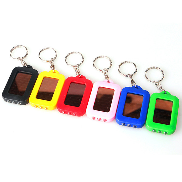 100pcs/lot Mini Portable Solar Power Rechargeable 3 LED Flashlight Keychain Light Torch Ring Holder Nine Colors