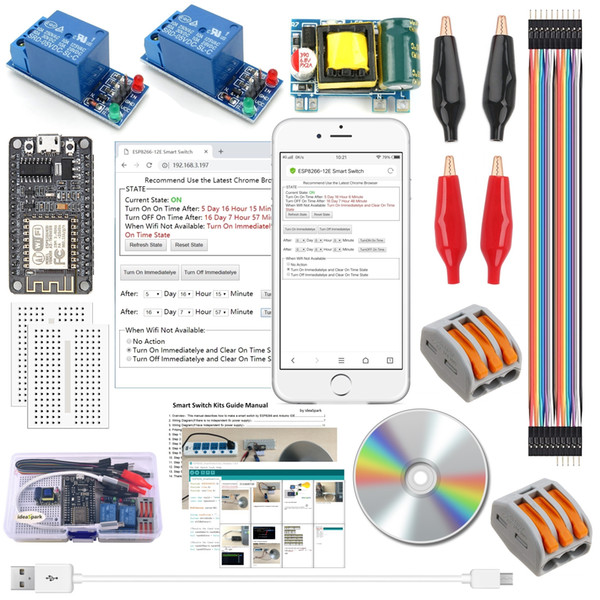 ESP8266 Smart Switch Kits Wireless Wifi Smart Home with 2-Pcs 1 Channel Relay Module 110-240V to 5V Converter for Arduino IDE IoT Starter