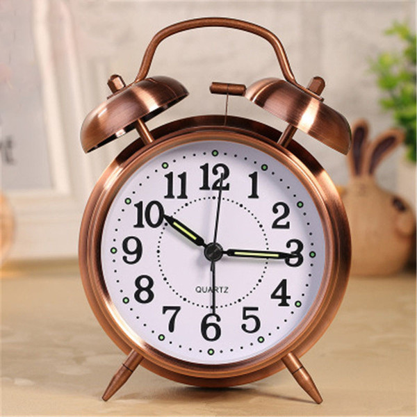 2018 hot sale creative metal texture mute luminous alarm clock seconds movement classic double bell ring bell