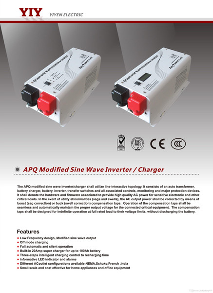 YIY APQ MODIFIED SINE WAVE INVERTER / CHARGER DC&AC EXCHANGE DC INPUT 12V/600W 24V/100W OFF MODE CHARGING STATUS LEDS LOW FREQUENCY DESIGN