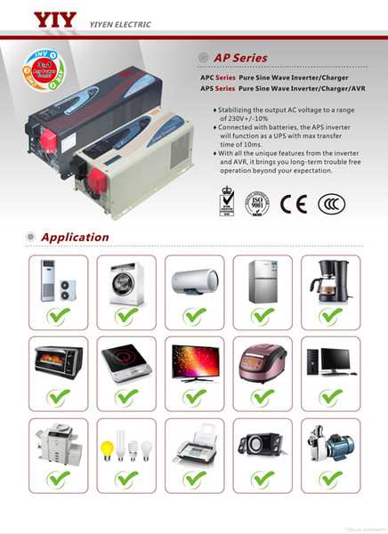 YIY AP SERIES APC/APS SERIES PURE SINE WAVE INVERTER / CHARGER /AVR HIGH OVERLOAD ABILITY 1000W~6000W 50/60+/-0.3Hz 3-STEP INTELLIGENT