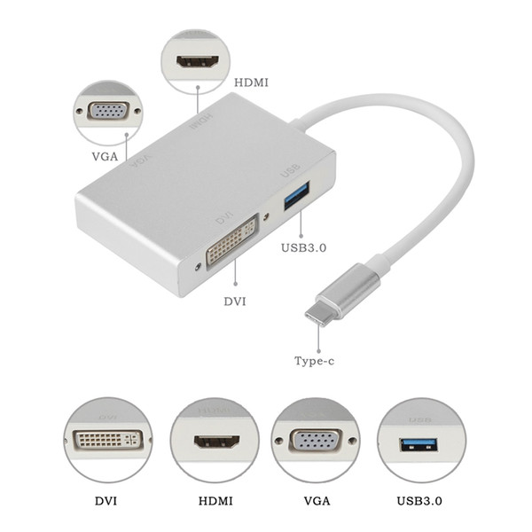 4 in 1 Type C to HDMI VGA DVI USB 3.1 USB-C Converter Cable for Laptop Apple Macbook Google Chromebook Pixel