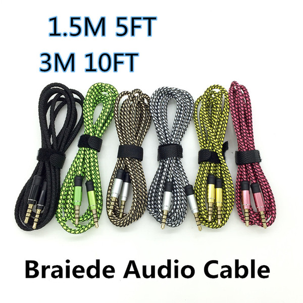 1.5M 3M 10FT Car Audio AUX Extension Cable Braided Wired Line Auxiliary Stereo Jack 3.5mm Male Lead for Apple Andrio Mobile Phone Speaker