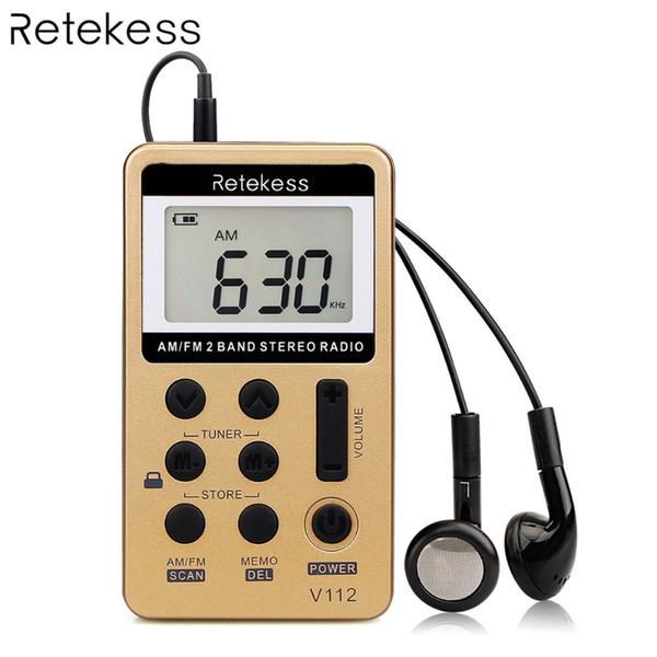 Retekess V-112 Mini Pocket Radio FM AM 2 Band Radio Receiver Digital Tuning with Rechargeable Battery & Earphone F9202C