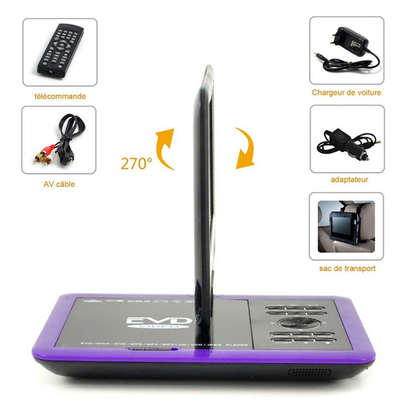 Wholesale 9 inch Portable DVD Player with 270° LCD screen,3 Hours Rechargeable Battery,Car DVD Player, Support USB and SD Card,Game