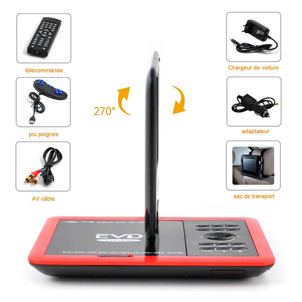 Wholesale 9 inch Portable DVD Player with 270° LCD screen,3 Hours Rechargeable Battery,Car DVD Player, SD Card Slot and USB Port