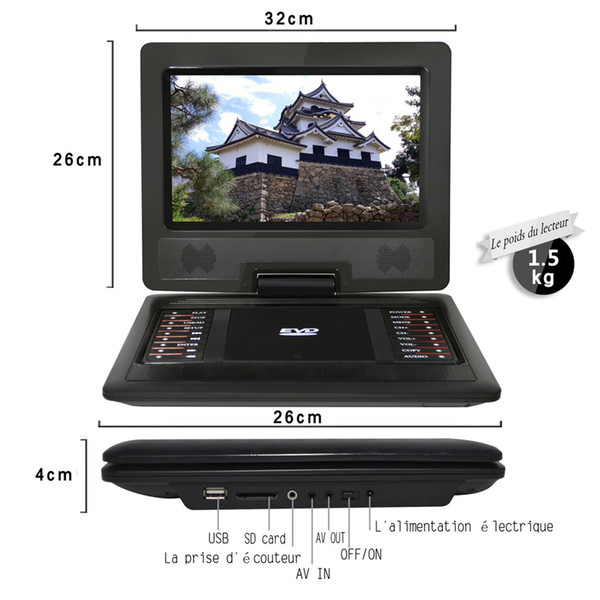 Wholesale Best Quality 12 inch Portable DVD Player with 270° LCD screen,3 Hours Rechargeable Battery,Car DVD Player,With Game Function