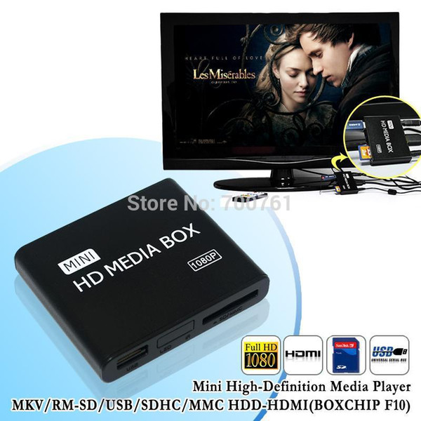 Wholesale-10pcs New mini Media Player 1080P Full HD multimedia player with IR remote support MKV/RM-SD/USB/SDHC/MMC HDD-HDMI(BOXCHIP F10)