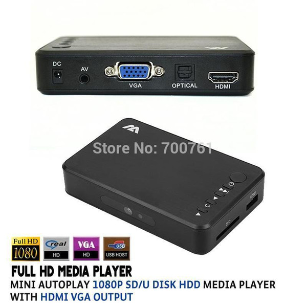 Wholesale-Full HD 1080P SD/U Disk HDD Media Player USB External multimedia player With HDMI VGA Output Support MKV H.264 RMVB WMV