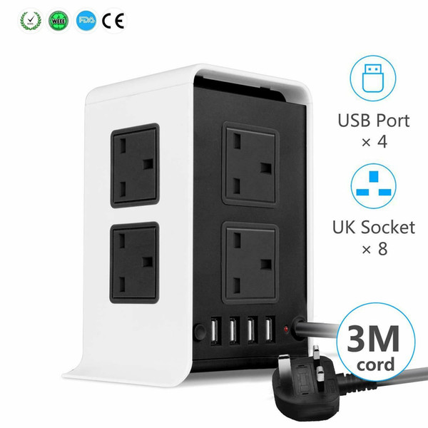 3M 8 Way Vertical Tower Mains Power Strip Extension Socket + 4 USB Port Adapter UK Plug