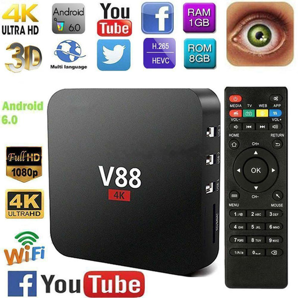 V88 Android 6.0 Smart TV BOX 4K Latest RK3229 Quad Core 8GB HD 1080P WIFI Media DHL Free Shipping