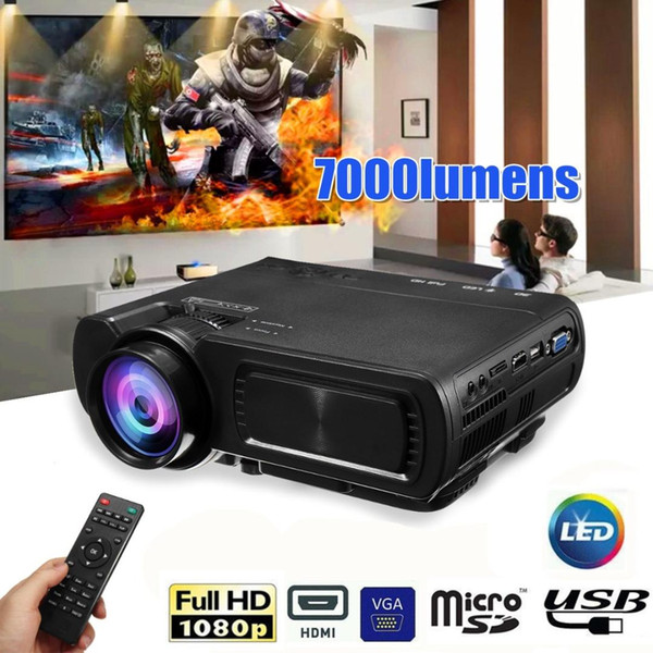 7000LM HD 1080P T5 LCD projector Beamer USB VGA HDMI AV TF For Theatre Movie 12V to 110V/240V