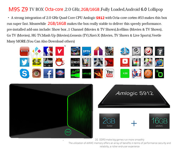 Android Smart Tv Box M9S Z9 S912 Octa Core S912+2G+16G Android6.0 TV Box 5G Wifi HDMI2.0 Bluetooth 4K Smart Tv Box Media Player