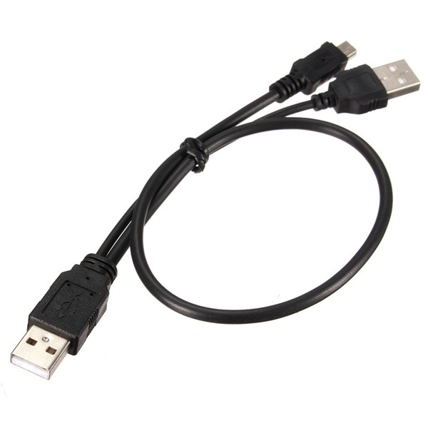 Hight Quality Black PVC Dual USB 2.0 Power Supply Cable Y Shape 2 Type A To One Mini 5Pin Hard Disk USB Cable 100pcs