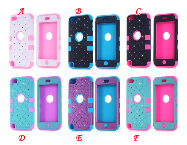 3 in 1 Diamond Crystal Rhinestone Hybrid plastic shakeproof dual color hard silicone gel Case For Ipod touch 6 6G 5G 5 5th skin Armor cover