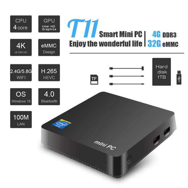 Good quality mini pc T11 OS windows10 TV Box Intel Z8350 4-core 4GB/32GB 64bit 2.4Gwifi&Bluetooth smart 3D Media Player