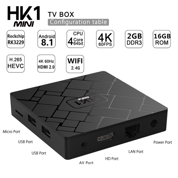 14pcs Genuine HK1 MINI Android 9.0 Smart TV Box 2GB 16GB RK3229 2.4G WiFi Media Player Set-top box