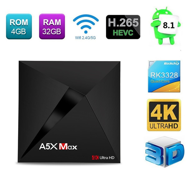 Android 8.1 TV Box A5X MAX RK3328 4GB 32GB Dual Band Wifi 2.4G/5G Bluetooth 4.1 4K IPTV Media Player