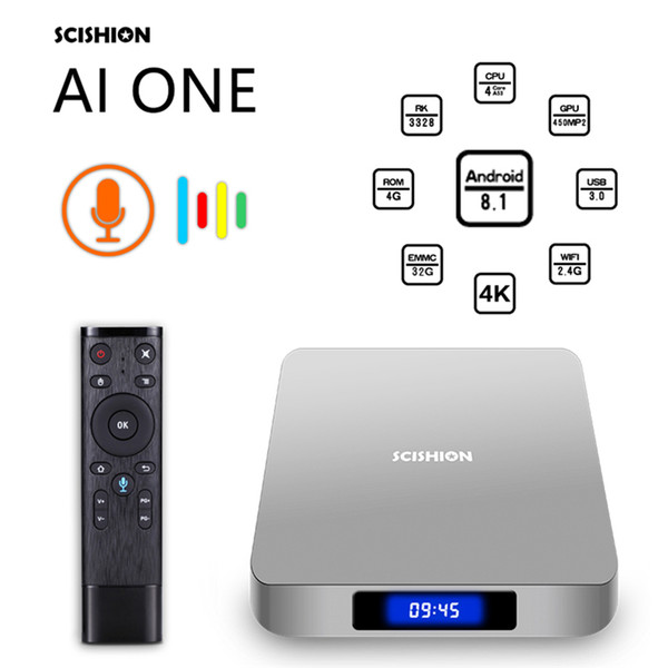 New Android 8.1 TV Box AI One RK3328 Quad Core 2GB 4GB Ram 16GB 32GB Rom Smart Media Player Support 2.4G Wifi Voice Search Remote USB 3.0