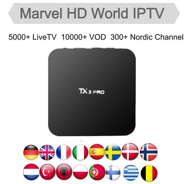 Marvel HD World IPTV Box TX3 Pro Android 7.1 Amlogic S905W with 12Months IPTV subscription for Nordic Sweden France Germany UK USA