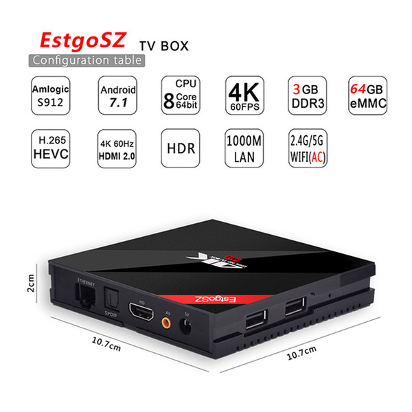 EstgoSZ Smart TV BOX 3GB / 64 GB Android 7.1 OS, Amlogic S912 Octa Core 64 bits with Dual Band WIFI 2.4G/5.0 GHz 1000M LAN Mini PC